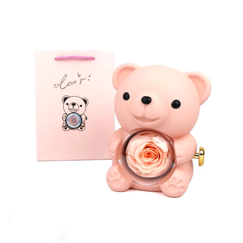 Rotating Teddy Bear Rose Jewelry Box with Preserved Flower - Charming Gift Idea for Rings and Necklaces