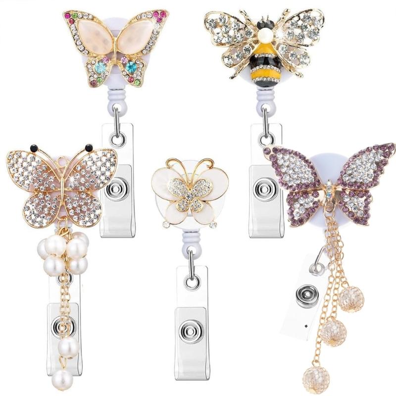 Adjustable 60cm Butterfly Bees Rhinestones Id cards Holder Secure Clip for Workplaces Professional Office Accessories