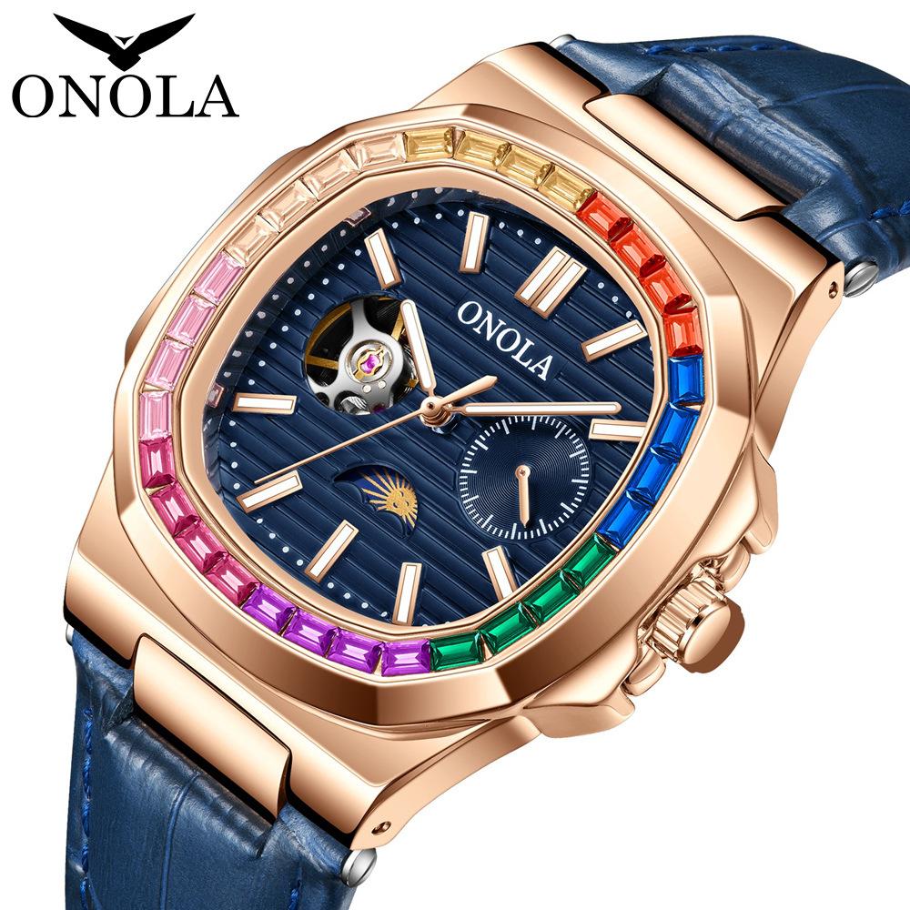 Mens Business Hollow Automatic Mechanical Watch Luminous Waterproof Leather Watches Colorful Diamond Bezl Men's Clock