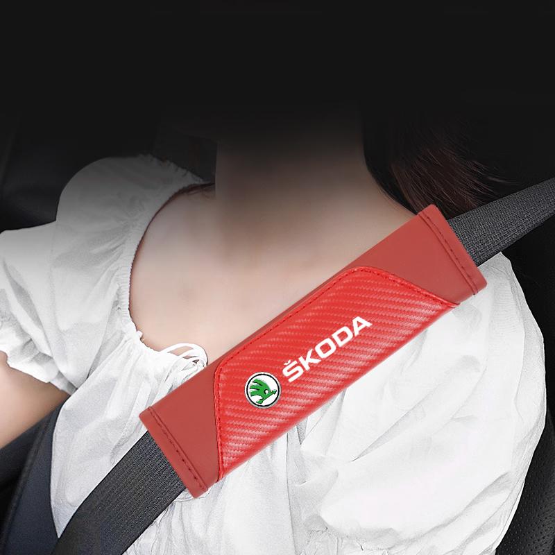WPA1 2Pcs Car Seat Belt Shoulder Protection Covers Pads For Skoda Octavia Superb Rapid Kodiaq Karoq Fabia Vision RS Yeti Kamiq Enyaq