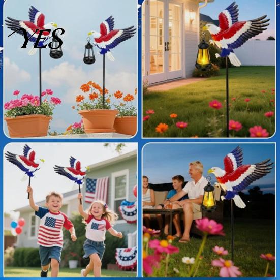 Solar Eagle Garden Stake American with Lantern, 250th Anniversary Yard Art Stake, 4th Outdoor of July Metal Decoration for Lawn Patio Porch