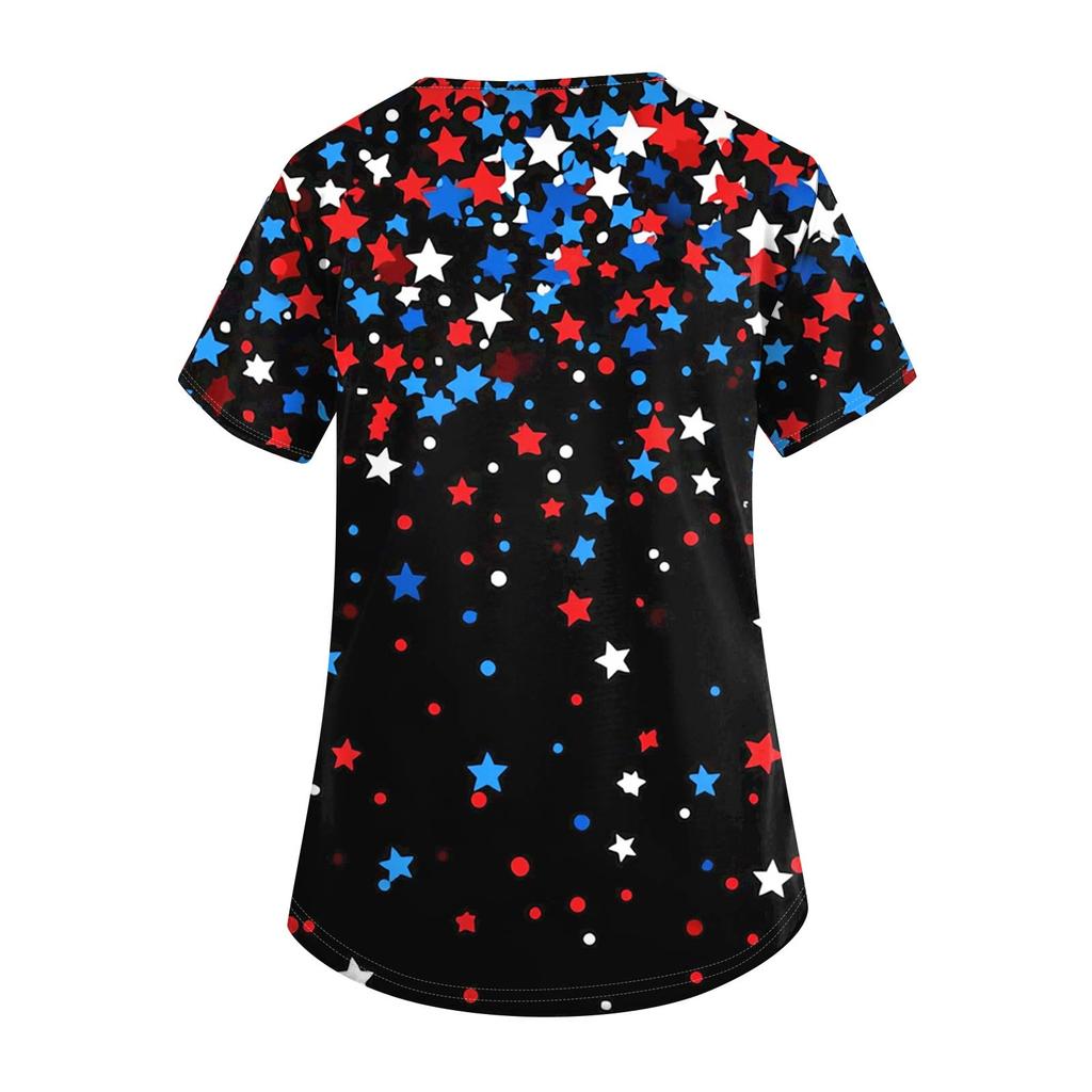 Women's Short Sleeve Independence Day Printed V-Neck Pocket Workwear Top
