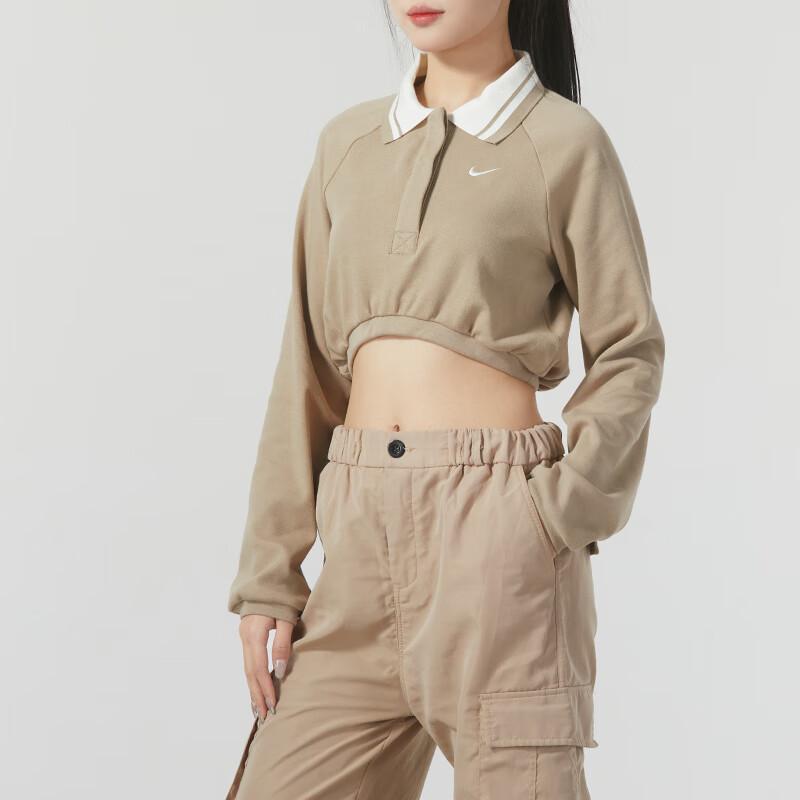 Nike Спортивная укороченная футболка-поло с цветными блоками и длинными рукавами, женские топы цвета хаки, FN1881-247