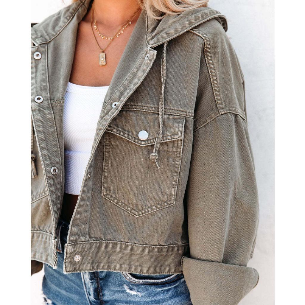 IHUASU Джинсовая куртка. Свободная куртка с капюшоном на завязках для уличной моды осенью и зимой.