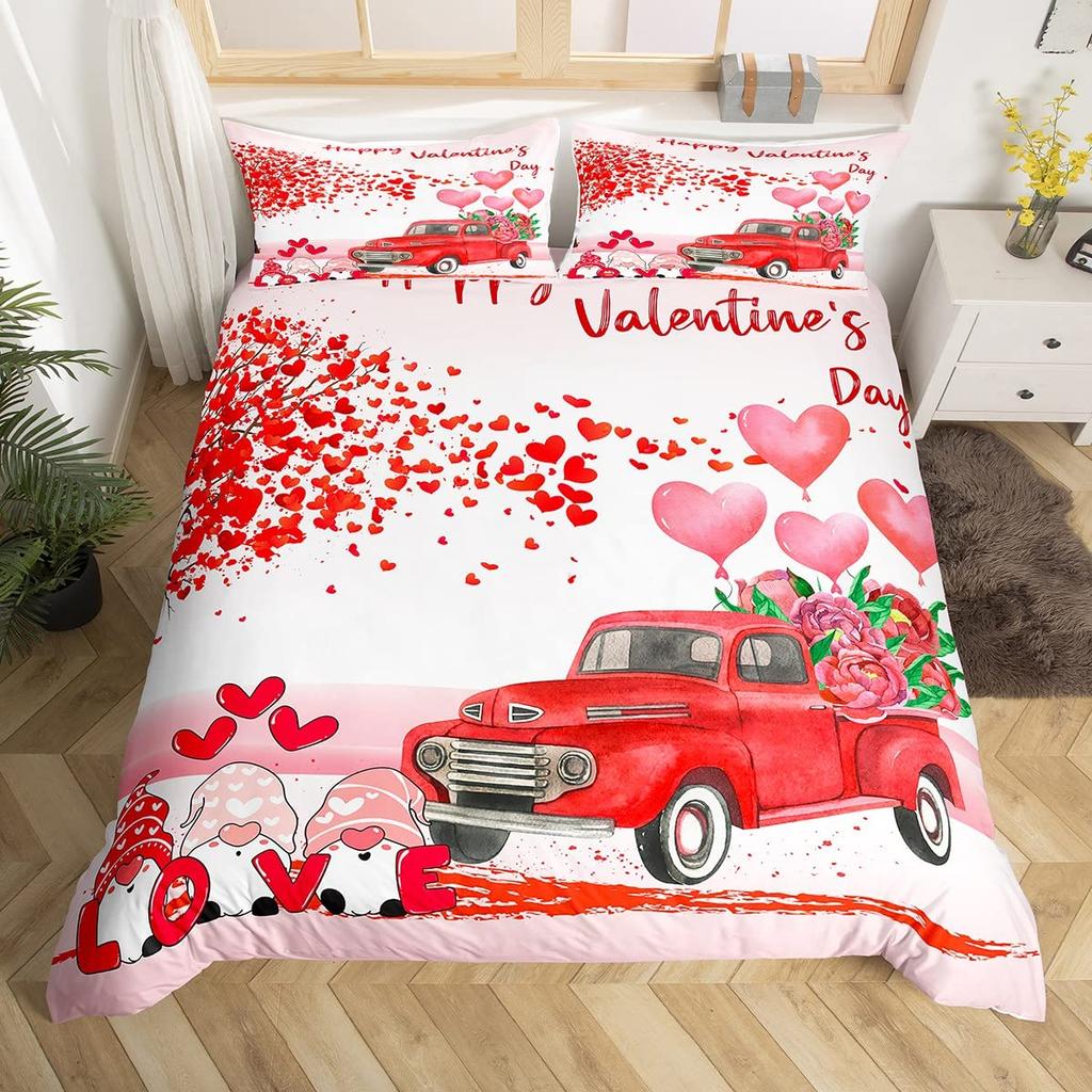 День святого Валентина King Пододеяльник Романтический комплект постельного белья Kawaii Парочка Гном Одеяло Чехол Розовые розы Сердца Полиэстер Одеяло Чехол