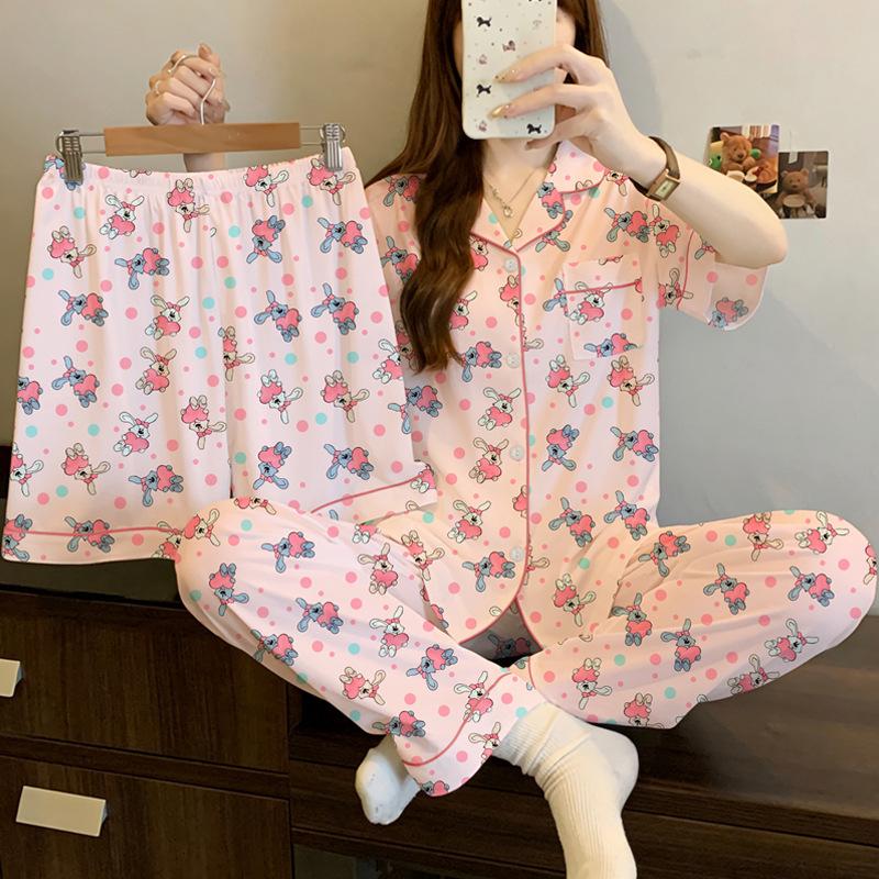 Three-piece pajamas women's summer new retro plaid short-sleeved imitation cotton loungewear niche casual can be worn outside