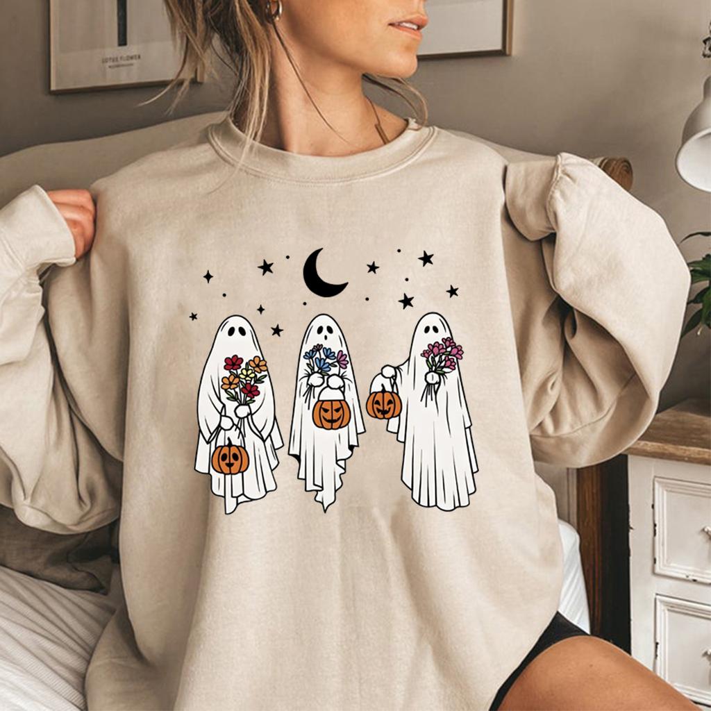 Vintage Halloween Ghost Sweatshirt Floral Retro Spooky Pumpkin Sweatshirts Women Long Sleeve Pullover Womens Halloween Hoodies