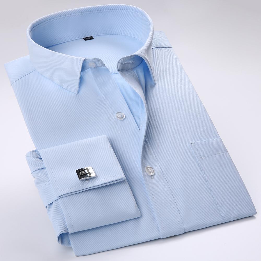 Men's Elegant French Cuff Spread Collar Striped Dress Shirt with Chest Pocket for Formal Business Wedding, Free Metal Cufflinks Included