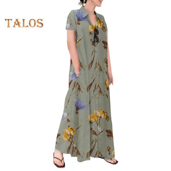 Женское летнее платье трапециевидной формы с лацканами, свободная рубашка с цветочным принтом, с короткими рукавами на пуговицах и боковыми карманами, длинное платье до щиколотки