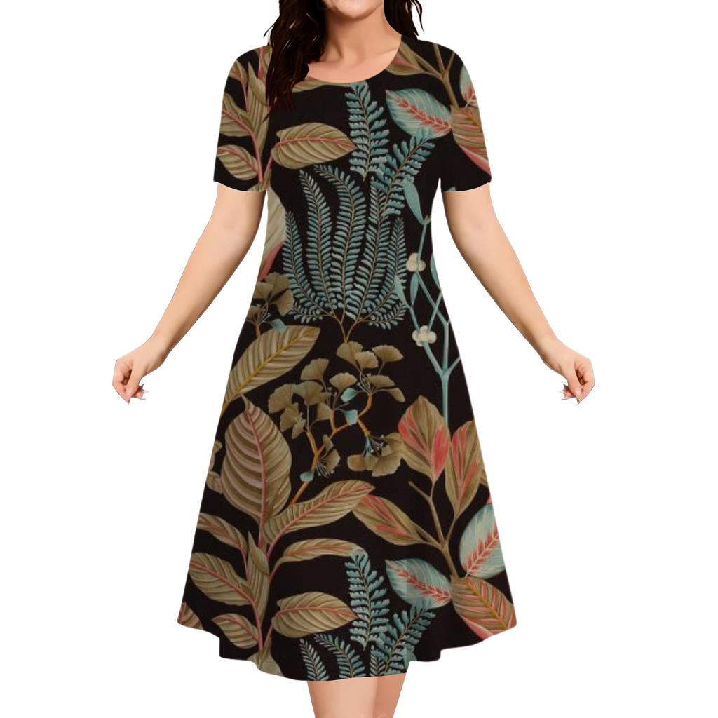 Summer Vintage 3D Printed Ladies New Dresses Women Plant Flowers Round Neck Short Sleeve Sundress Loose Dress Casual