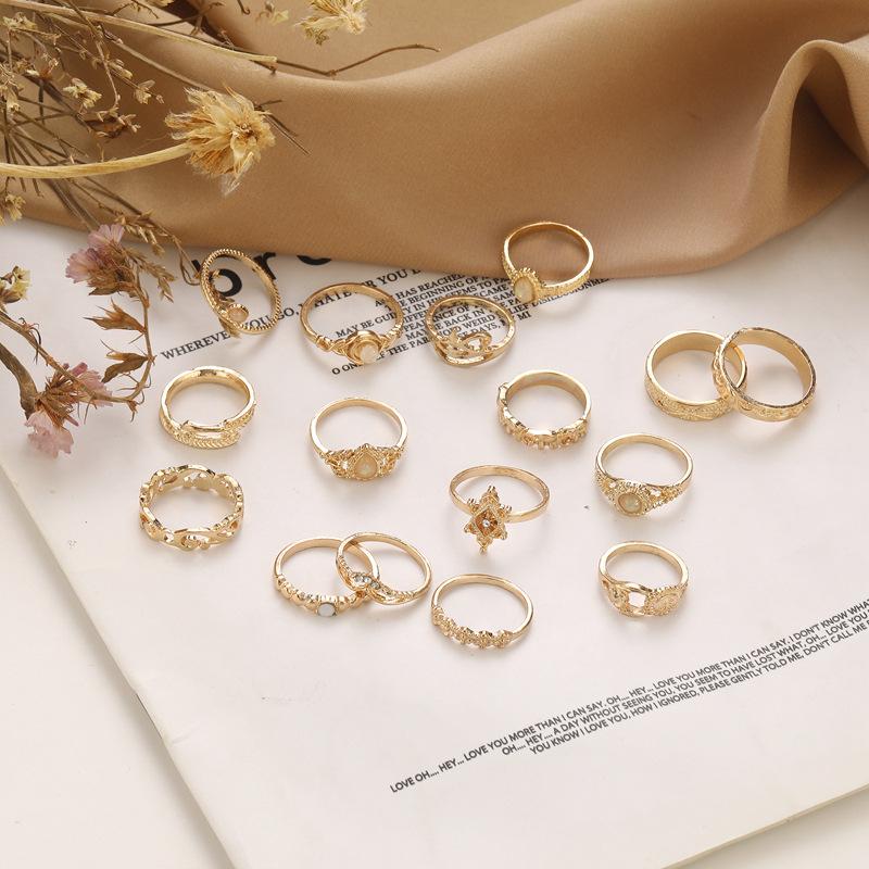 16Pcs Bohemian vintage geometric ring, opal ring, hollow joint ring