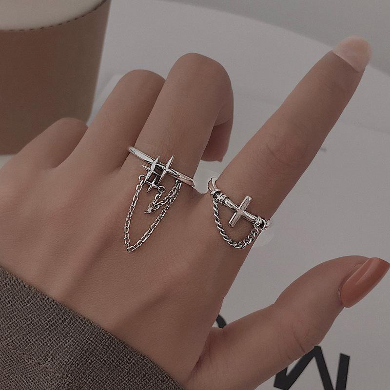 Кольцо-цепочка с двойной звездой и крестом для женщин, простое ретро-кольцо из тайского серебра с открытым указательным пальцем, крутой индивидуальный дизайн
