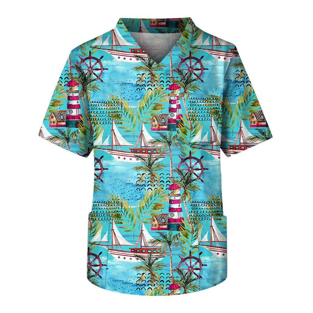 Men's Short Sleeve V-Neck Summer Print Chest Pocket Care Worker Top