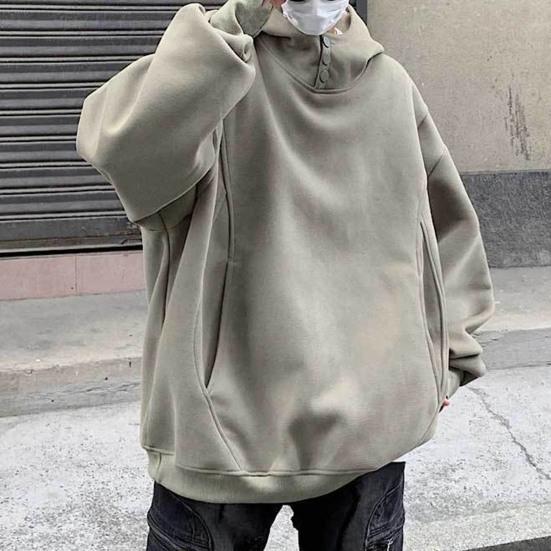 Fall Winter Men Hoodie with Big Pockets Buttoned Hood Loose Elastic Cuff Warm Pullover Mid Length Hip Hop Solid Color Top for Sport Daily Wear