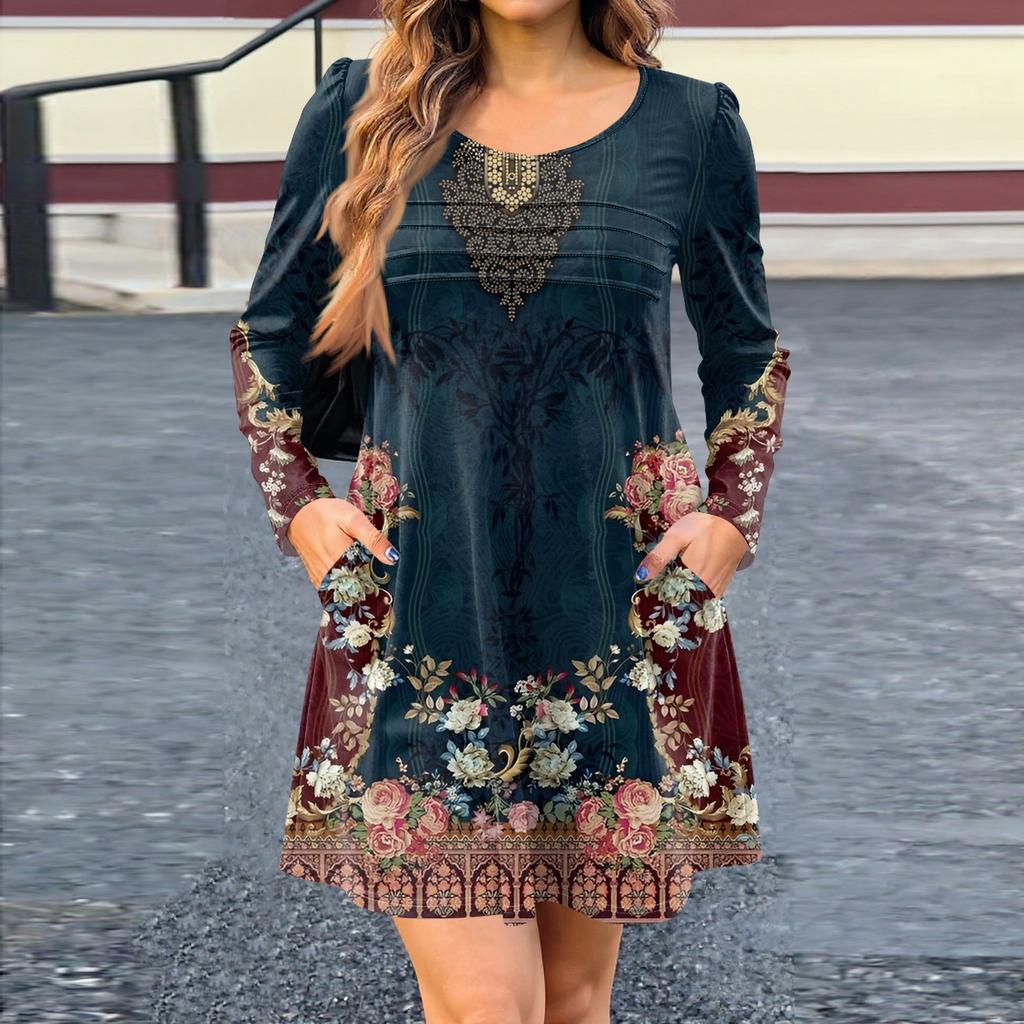 Женское платье с длинным рукавом, осеннее повседневное, футболка, свободного кроя, с плиссировкой спереди, платья с карманами