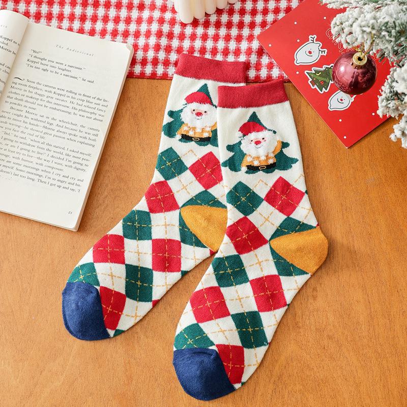 European & American Christmas Cartoon Santa Socks - Unisex Autumn/Winter Mid-Tube Cotton In Red