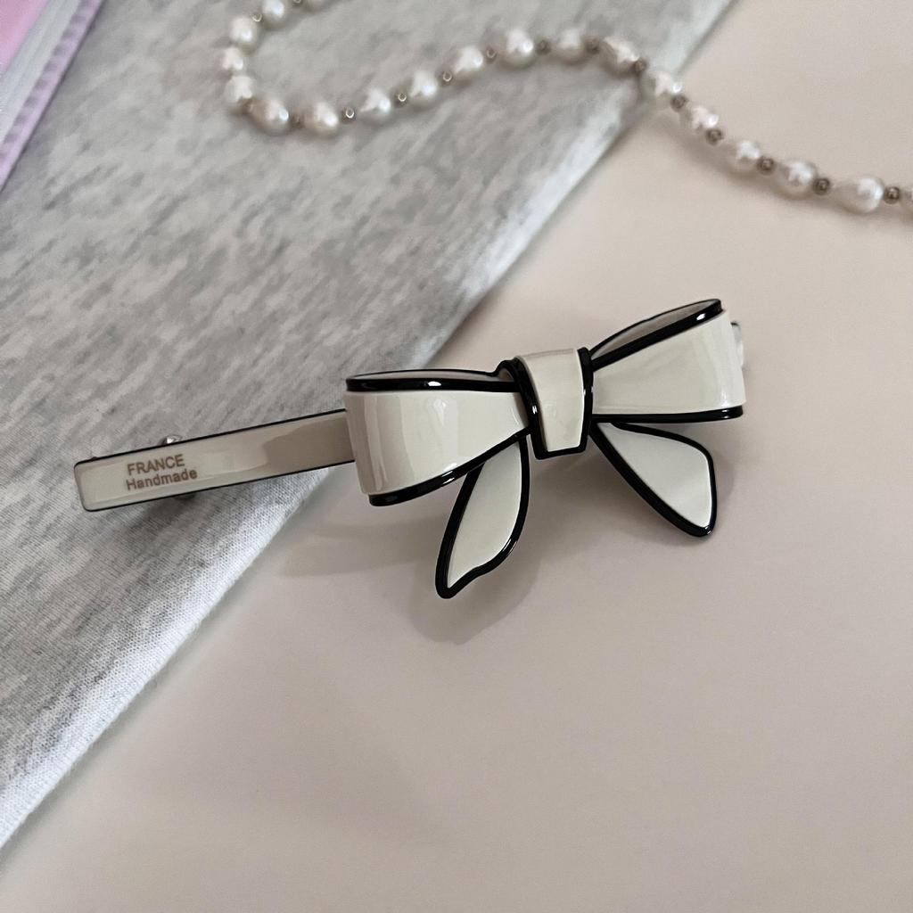 Elegant Acetate Bow Hairpin & Hairband Set - Black and White Clip with Hair Tie.