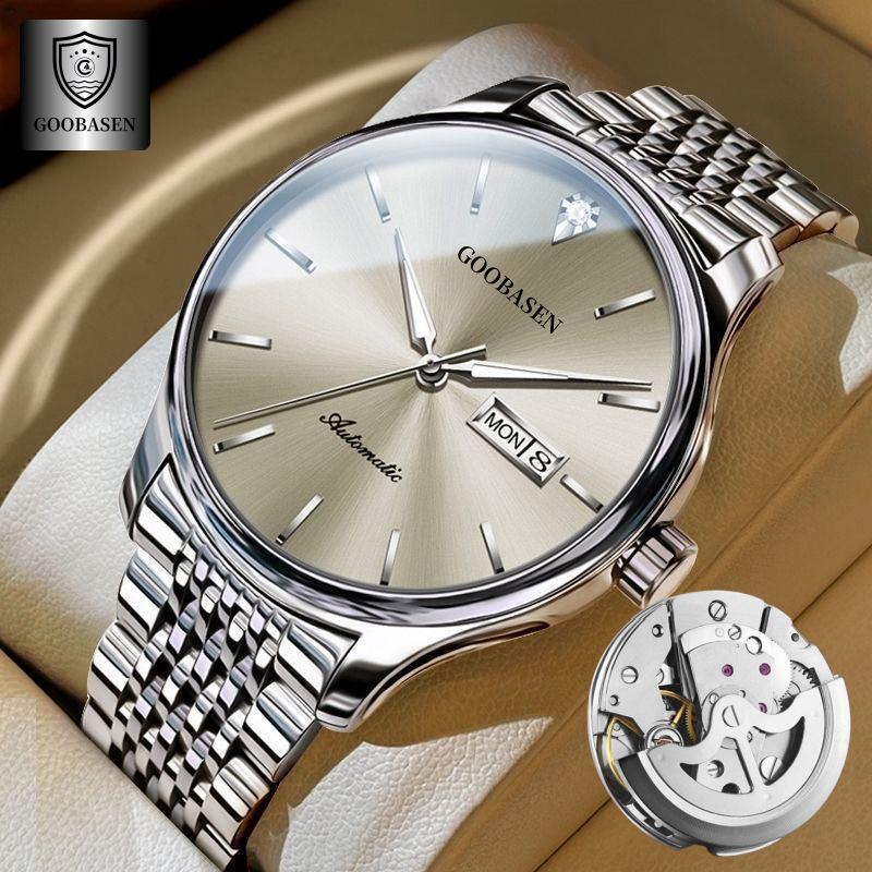 Мужские полностью автоматические светящиеся механические часы - Водонепроницаемые, Модные, Дизайн с полым корпусом и двойным календарем.