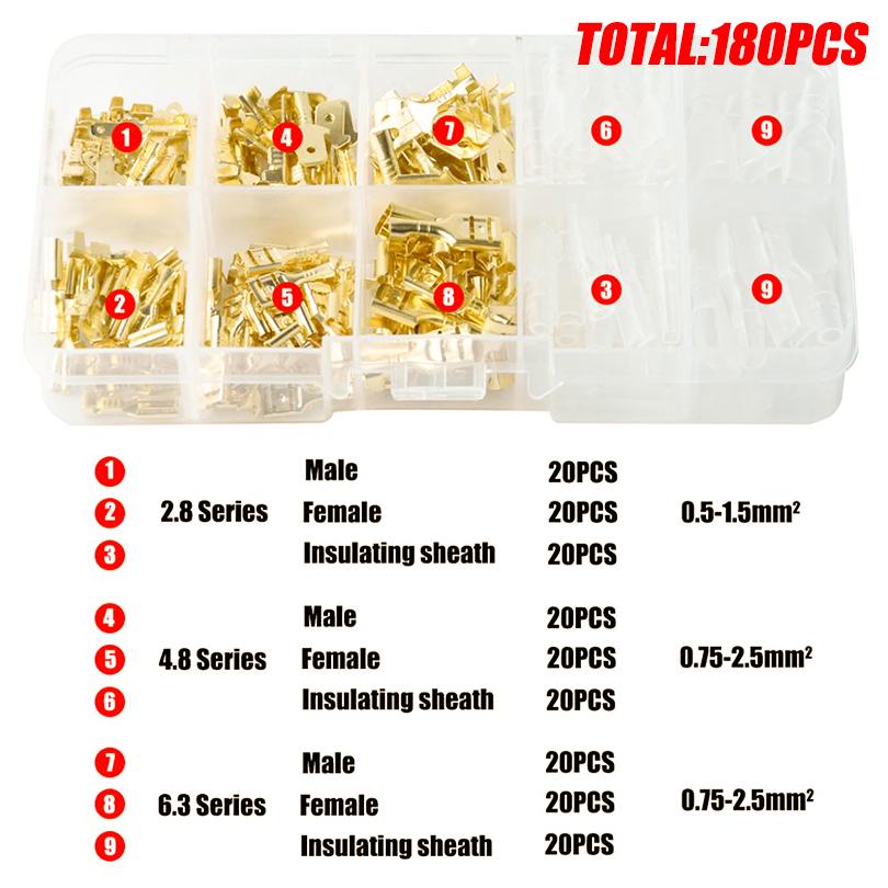 315/180Pcs Quick Splice 2.8mm 4.8mm 6.3mm Male and Female Wire Spade Connector Wire Crimp Terminal  with Insulating Assortment