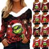 Women's Christmas Printed Long Sleeve Shirt V Neck Casual Loose Fit T-Shirt Tops