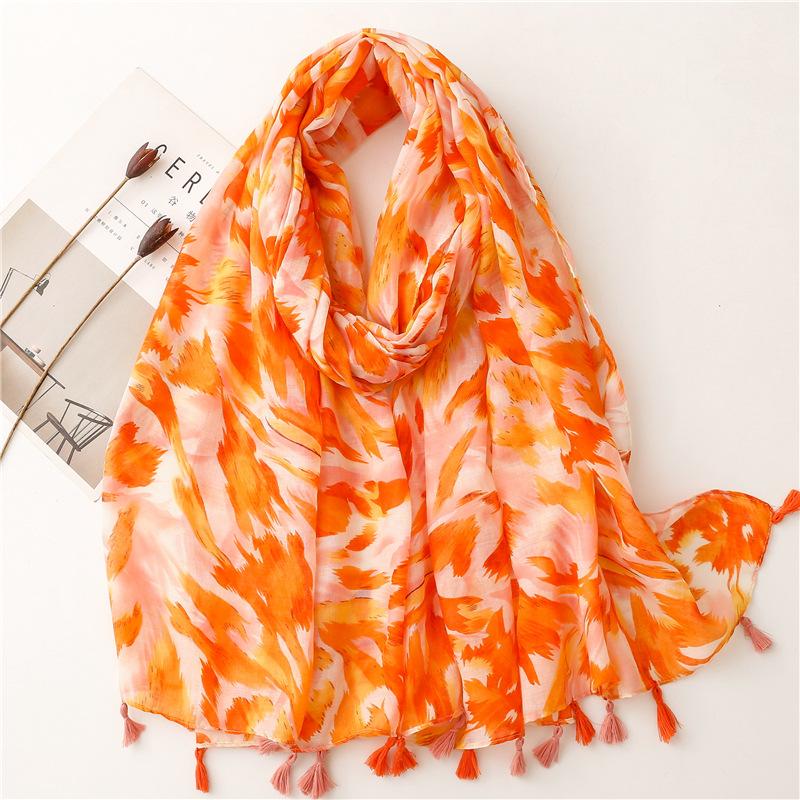 Маленький свежий простой шарф из балийской пряжи, хлопок, лен, на ощупь, женский, с принтом фруктов, зеленых, ярких, желтых листьев, шарф-шаль