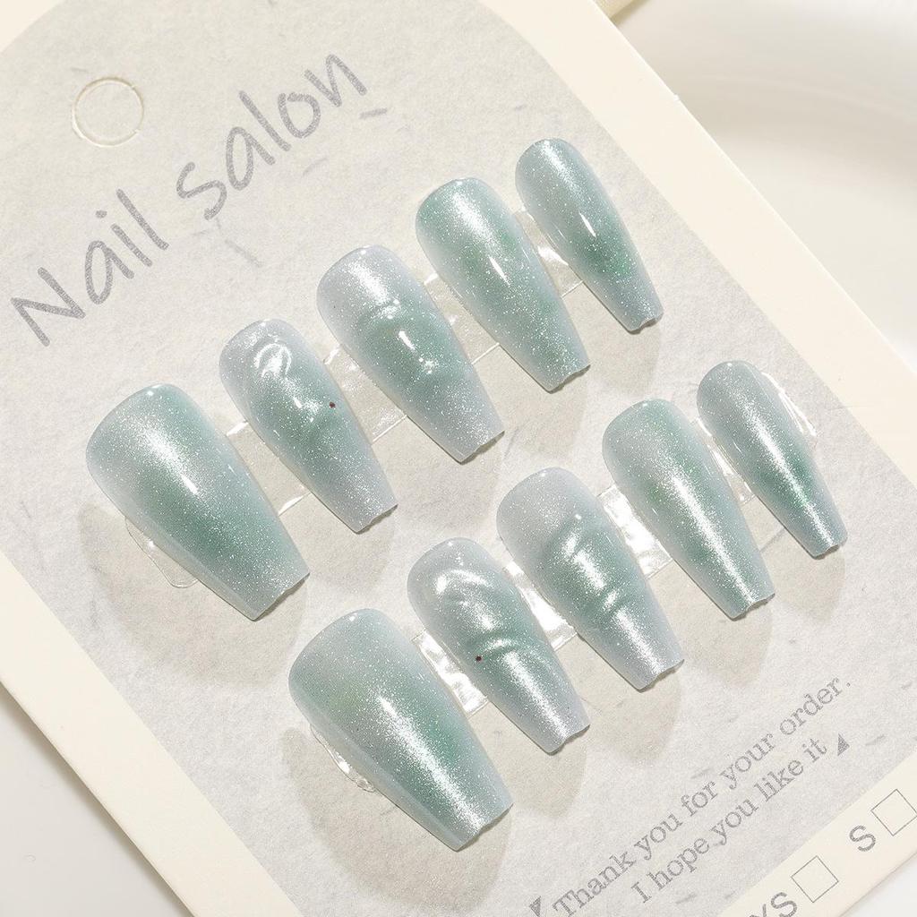 T434: Trendy Cat Eye Snake New Year 3D Green Nails - 30 pcs, Internet Celebrity Style.