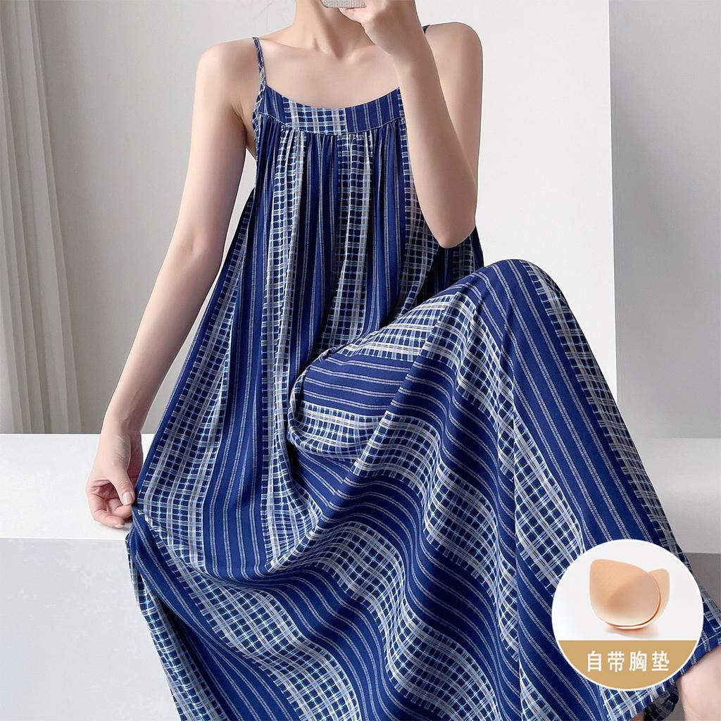 Summer cotton and silk suspender nightgown women's sleeveless chest pad can be worn outside loungewear anti-bumping artificial cotton dress