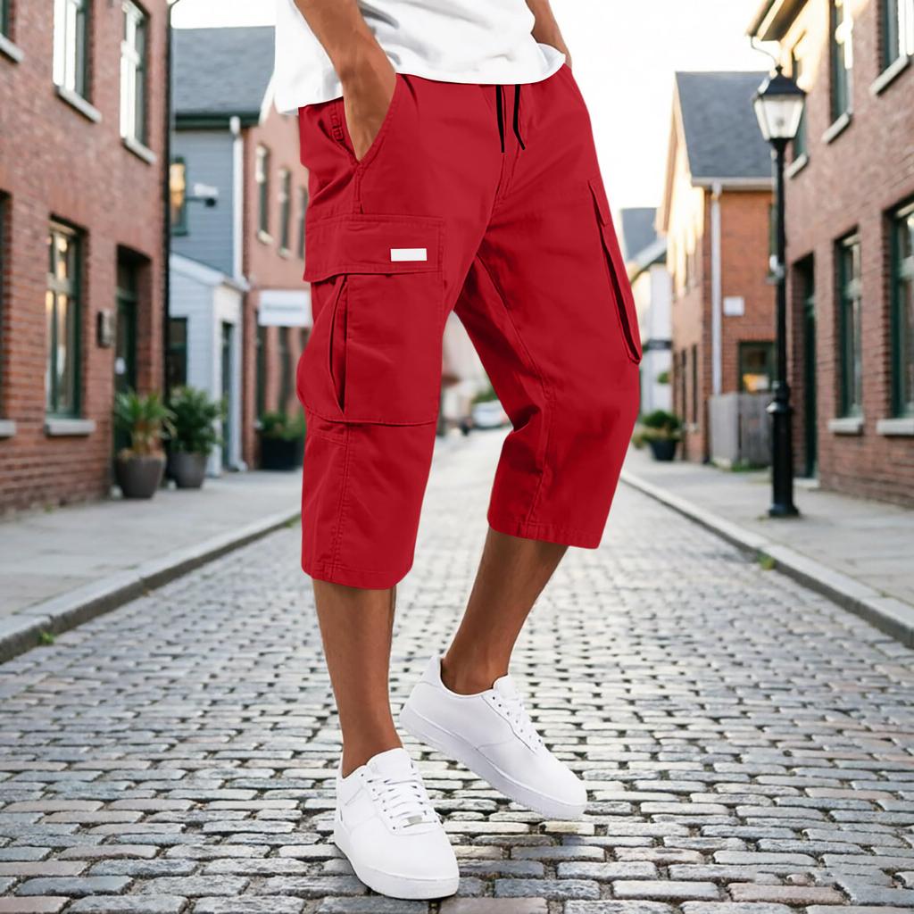 Men’s Drawstring Cargo Pants Multi Pocket Relaxed Fit Seven Quarter Length Casual Trousers for Daily Wear Outdoor Activities