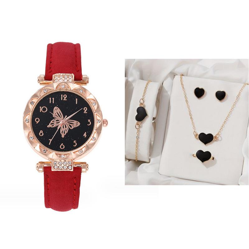 Luxury Quartz Watches Women Ladies Fashion Leather Wrist Watch Jewelry Heart Ring Necklace Earring Bracelet Sets