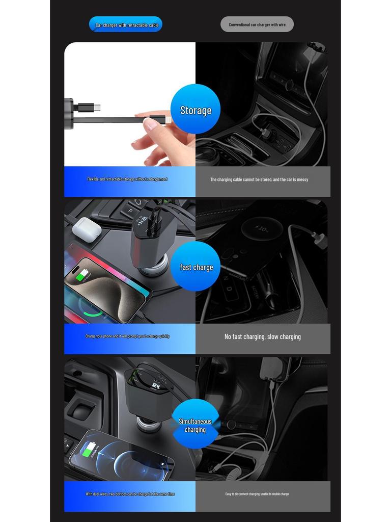 Сверхбыстрая телескопическая автомобильная зарядка 120 Вт с 4 портами для Apple 15 и Huawei