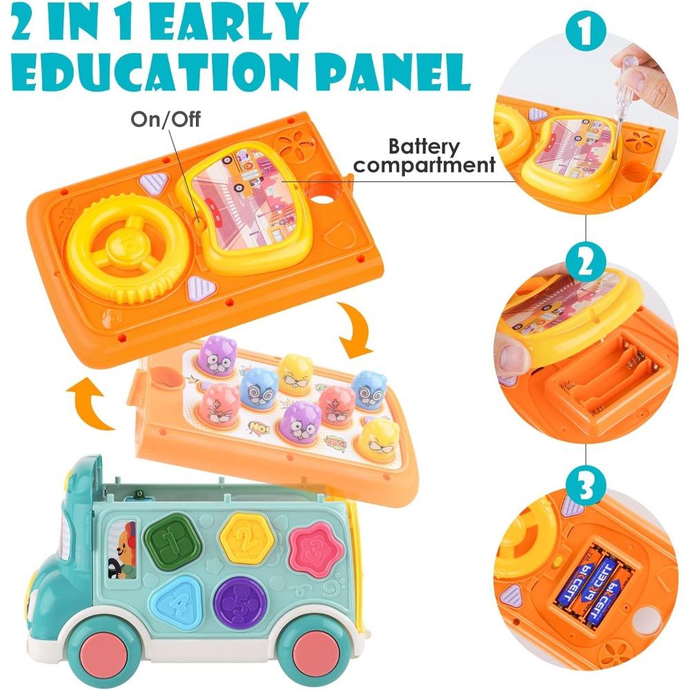Montessori Toys for Toddlers Musical Toy for Baby Bus Toy with Gear Matching Game Whack-a-Mole Clock Learning Toys Birthday Gift