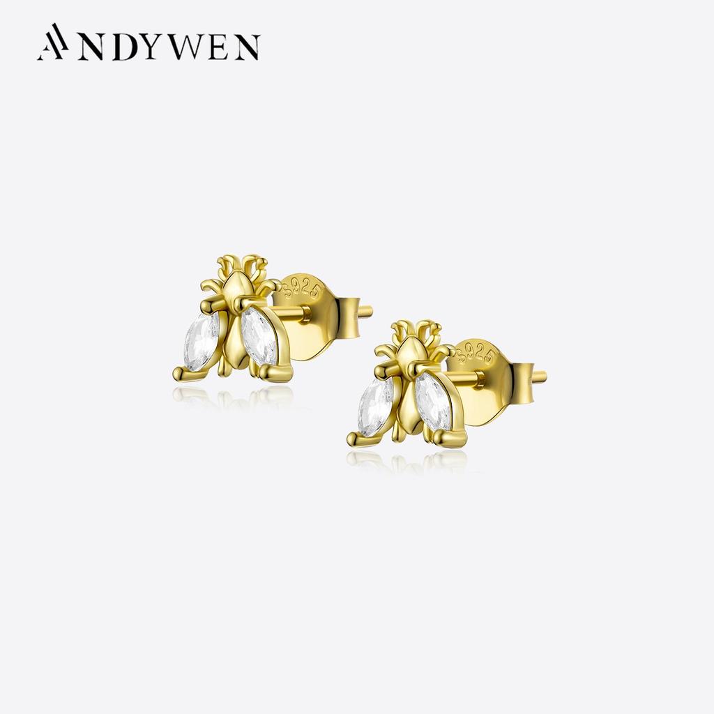 ANDYWEN 925 Sterling Silver Bee CZ Zircon Stud Earring Women Luxury Piercing Marqulse Crystal Fine Jewels