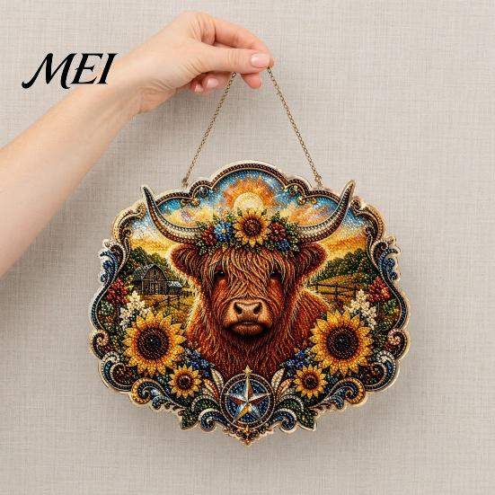 Modern Decorative Pendant Highland Cow Diamond Art Hanging Ornament, Sunflowers Decor, Creative Fine Workmanship Aesthetic Ornament for Home