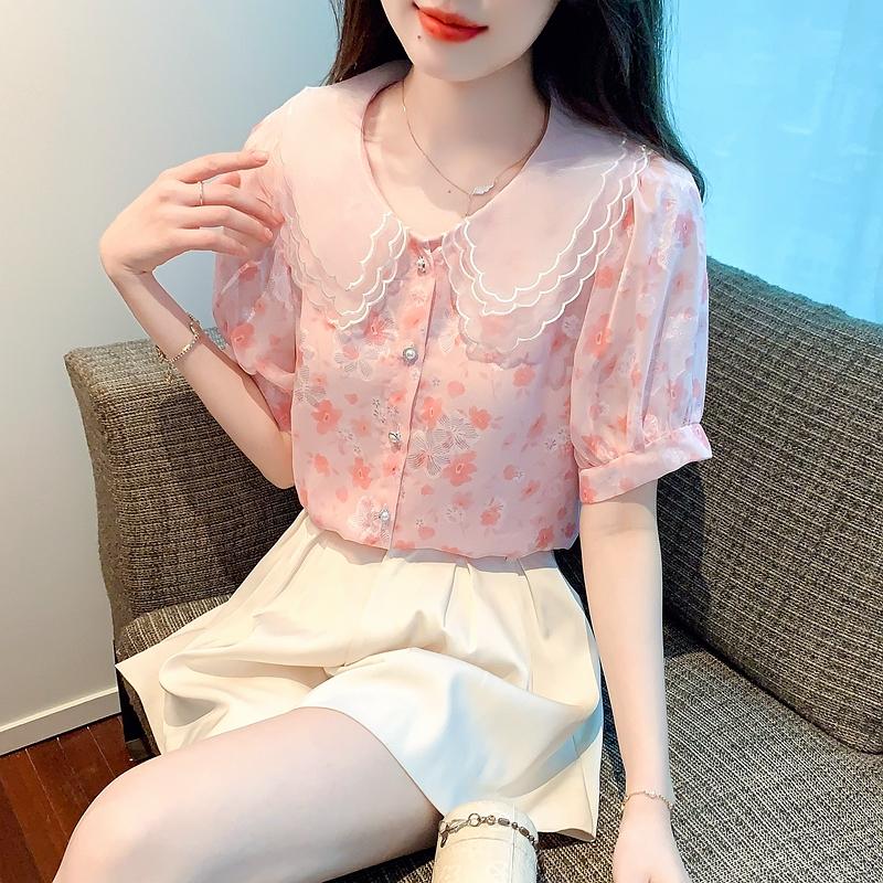 Модная новинка на лето с коротким рукавом и воротником-стойкой, повседневная шифоновая блузка с принтом, женская рубашка, топы J380