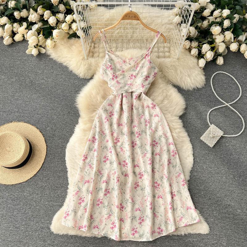 Gentle wind literary and sweet collar waist retro floral suspender skirt medium and long thin versatile Platycodon fairy skirt