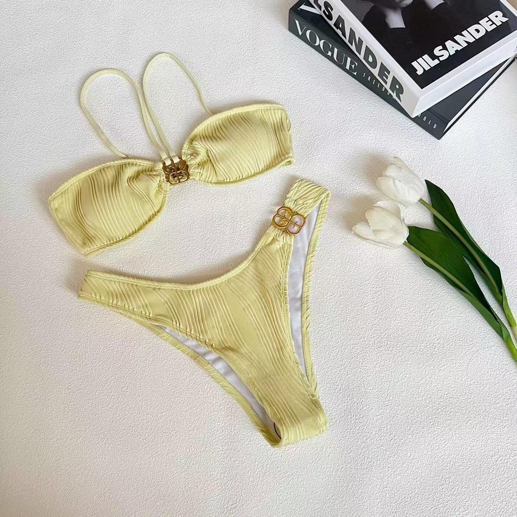 Multicolor Metal Buckle Bikini Swimsuit - European & American Style, Small Chest, Split Design for Women