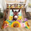 Cute Donkey Duvet Cover Rustic Barn Door Full Bedding Set, Farmhouse Decor Farm Animals Comforter Cover Sunflower Flower Bed Set
