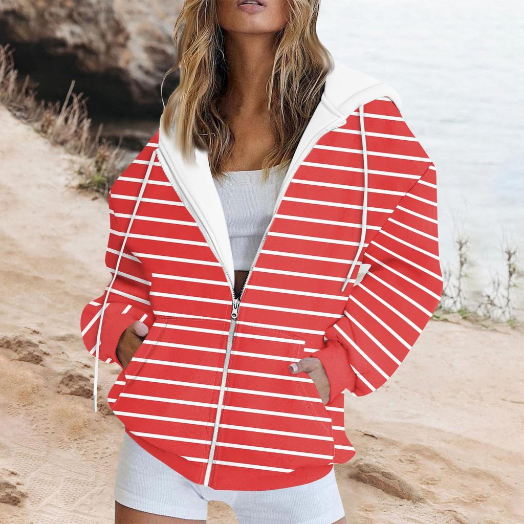 Женская толстовка с длинными рукавами и полосатым принтом, куртка с длинными рукавами и карманами, на молнии, пальто с капюшоном