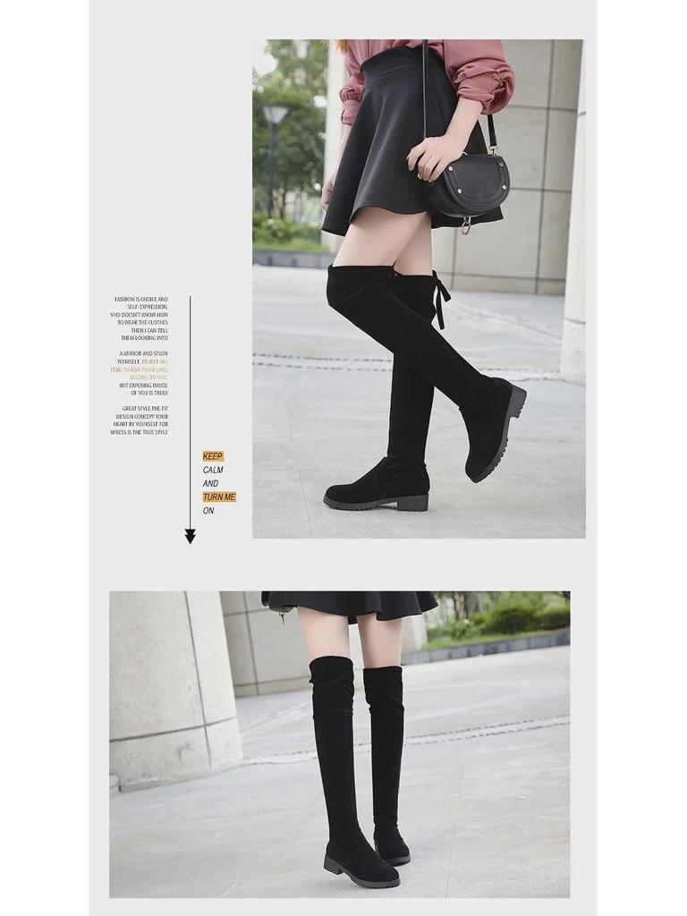 Замшевые женские сапоги выше колена со средним каблуком и хлопковой подкладкой - размер 41