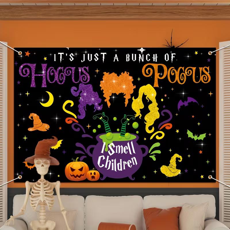 2D Sanderson Sisters Witch Banner featuring the iconic quote "I Smell Children", glitter text, bats and spooky elements