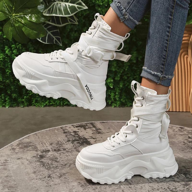 White Chunky Platform Motorcycle Boots Women Buckle Lace Up Thick Bottom Ankle Boots Woman Autumn Fashion Vulcanized Shoes