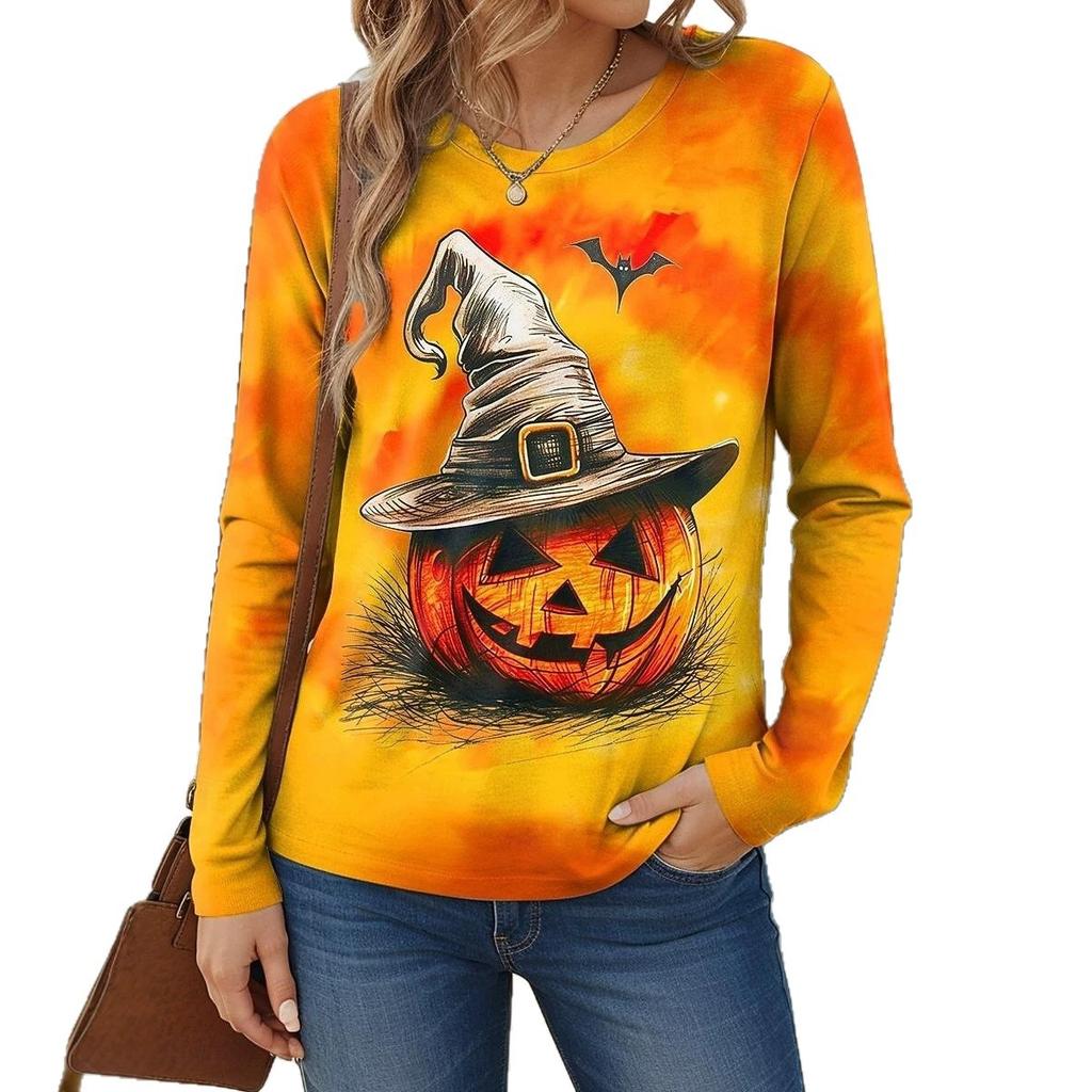Halloween Women's Long Sleeve T-Shirt Pumpkin Skull Pattern Retro Fashion Round Neck Regular Top Everyday Weekend