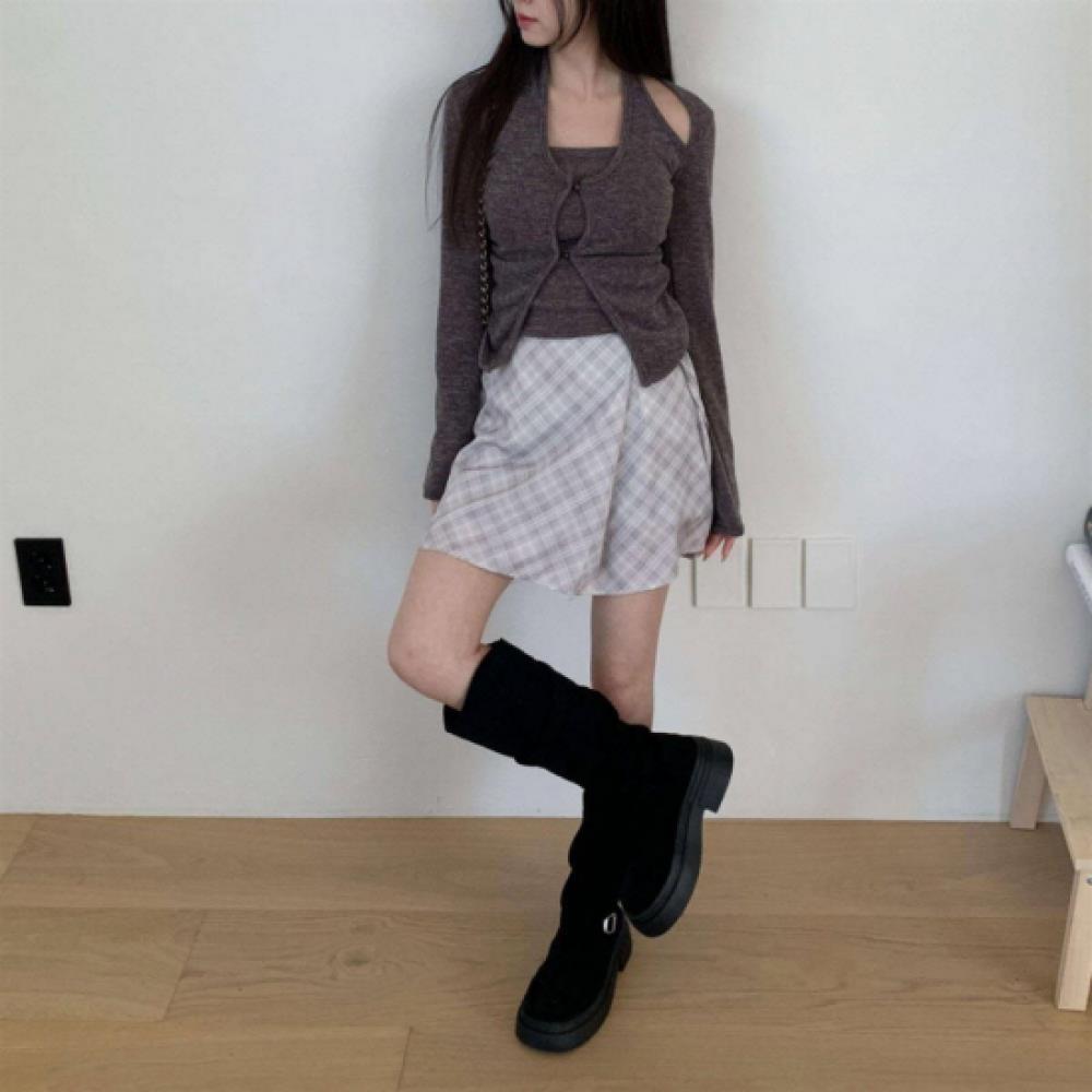 New Arrivals Open Run Women Lovely Check Waist Strap Skirt Pants