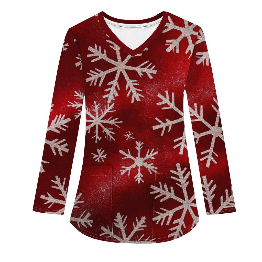 Женская модная рабочая одежда с V-образным вырезом, длинным рукавом и карманом, рождественский принт, футболка, топ