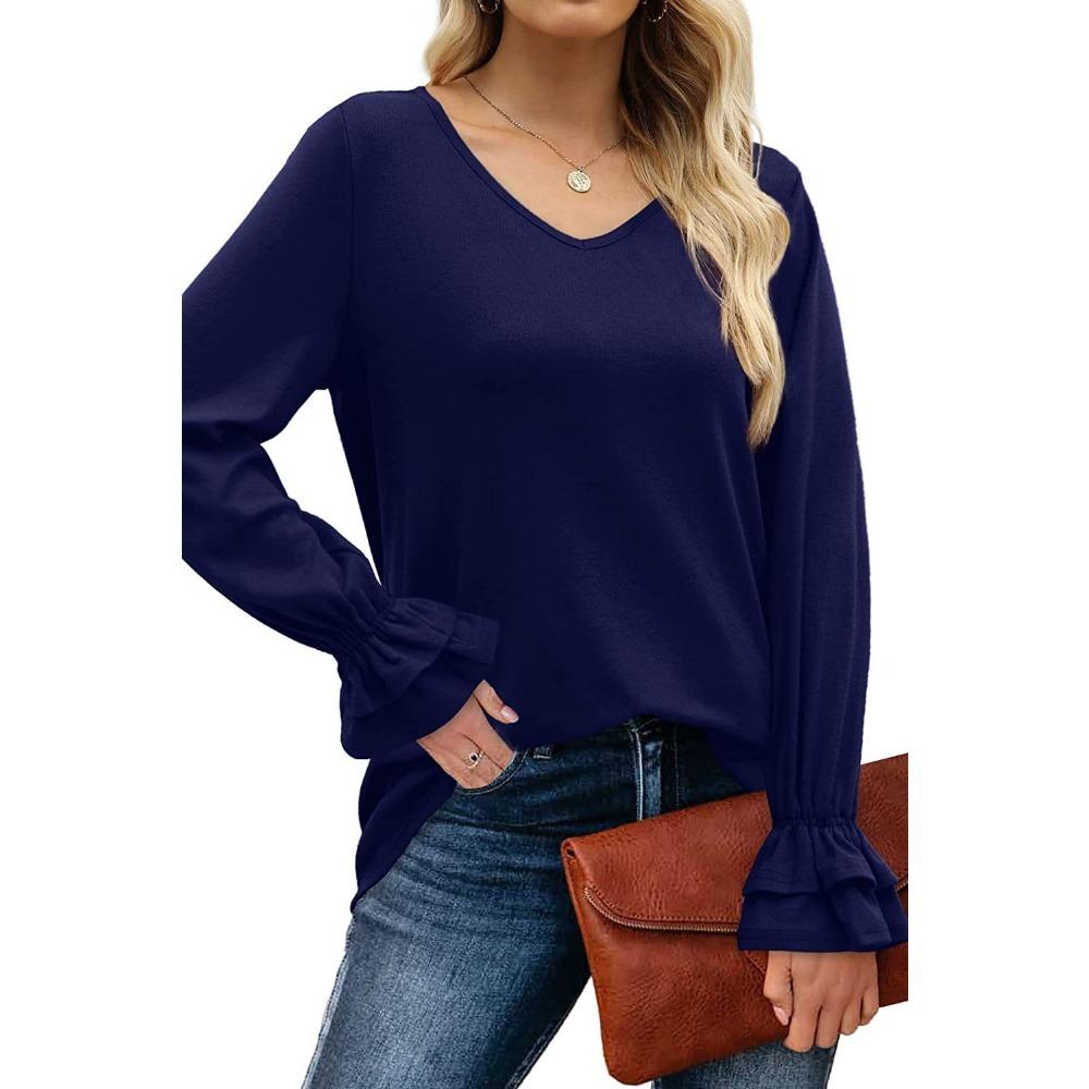 GMXIA Autumn Winter Horn Sleeve Long Sleeve Solid Color T-shirt Top for Women