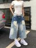 90s Plus Size American Retro Ripped Cropped Jeans Women Y2k Design Sense Shorts Loose High Waisted Straight Wide Leg Pants