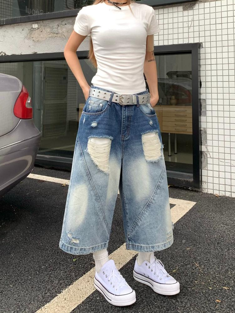90s Plus Size American Retro Ripped Cropped Jeans Women Y2k Design Sense Shorts Loose High Waisted Straight Wide Leg Pants