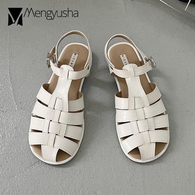 Модные римские сандалии с пряжкой на ремне, женские сандалии-гладиаторы с перекрестной вязкой, летние женские туфли с вырезом на низком каблуке, пляжные сандалии Mujer