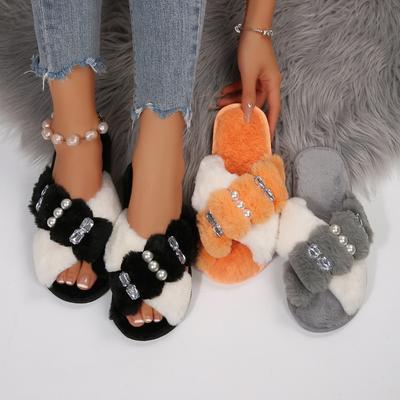 Модные зимние женские тапочки, роскошные шлепанцы, низкие меховые туфли, платформа из флока, пантофли, желе, шлепанцы, дизайнерские плюшевые плоские 2024, с блестками, кристаллами