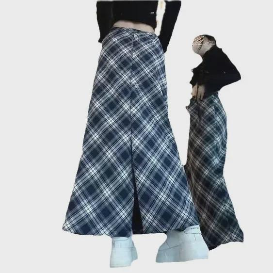 Синяя клетчатая бархатная юбка с высокой талией и тонкими краями для женщин - миниатюрная, с разрезом, осень/зима 2024 г.